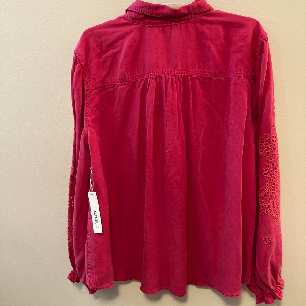 NWT Chico's Denim Shirt Sz 3 (16) Solid & Eyelet Sleeve Very Cherry Grandmacore - Picture 2 of 12
